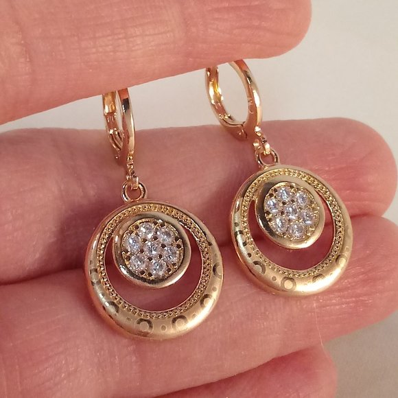 18K Yellow Gold Filled Circle Laser Carved Diamond Topaz Zircon Dangle Earrings - Picture 3 of 4